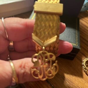 Gold Woven Bracelet with Monogram Charm